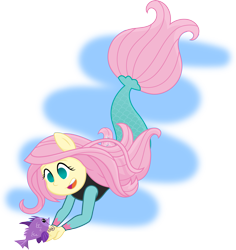 Size: 6279x6644 | Tagged: safe, artist:sugar-loop, part of a set, fluttershy, fish, mermaid, equestria girls, my little pony: the movie, absurd resolution, chibi, female, fin wings, mermaid tail, mermaidized, open mouth, seaponified, seapony fluttershy, simple background, solo, species swap, transparent background