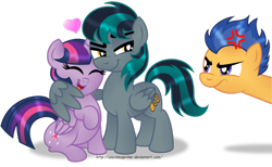 Size: 1280x791 | Tagged: safe, artist:aleximusprime, flash sentry, twilight sparkle, twilight sparkle (alicorn), oc, oc:blackgryph0n, alicorn, pony, canon x oc, cute, exploitable meme, eyes closed, female, jealous, male, mare, meme, simple background, smug, stallion, straight, transparent background, twiabetes, waifu thief