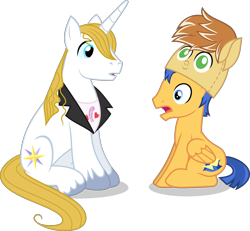 Size: 2271x2097 | Tagged: safe, artist:punzil504, feather bangs, flash sentry, prince blueblood, pegasus, pony, unicorn, hard to say anything, awkward moment, clothes, duo, male, shirt, simple background, stallion, transparent background, vector, vincent tong, voice actor joke