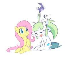 Size: 1797x1420 | Tagged: safe, artist:rvceric, fluttershy, oc, oc:emerald green, bird, earth pony, pegasus, pony, female, mare, simple background, sleeping, white background, zzz