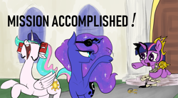 Size: 1523x840 | Tagged: safe, artist:t72b, derpibooru exclusive, princess celestia, princess luna, twilight sparkle, twilight sparkle (alicorn), alicorn, pony, alcohol, atg 2019, beer, castle, cheering, crown, crying, drinking hat, hat, ink, jewelry, missing accessory, mission accomplished, newbie artist training grounds, premature celebration, regalia, salute, scepter, scroll, sunglasses, twilight scepter