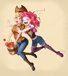 Size: 900x1000 | Tagged: safe, artist:the-park, applejack, pinkie pie, human, pinkie apple pie, belly button, boots, clothes, cute, duo, hug, humanized, midriff, shoes, sneakers