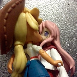 Size: 1936x1936 | Tagged: safe, artist:theanimefanz, applejack, equestria girls, crossover, crossover shipping, doll, equestria girls minis, female, figma, irl, lesbian, lucky star, photo, shipping, takara miyuki, toy