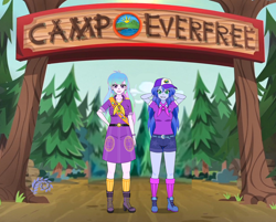 Size: 1700x1365 | Tagged: safe, artist:the_real_me, princess celestia, princess luna, principal celestia, vice principal luna, equestria girls, legend of everfree, badge, baseball cap, belt, belt buckle, camp everfree, camp everfree outfits, camper, cap, clothes, hat, high heels, hiking boots, kisekae, legs, neckerchief, sash, shoes, shorts, skirt, socks