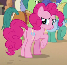 Size: 228x219 | Tagged: safe, screencap, pinkie pie, earth pony, pony, daring done?, cropped, female, looking back, mare, plot, raised hoof, solo focus, underhoof