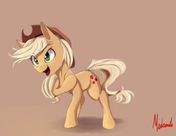 Size: 1400x1080 | Tagged: safe, artist:miokomata, applejack, earth pony, pony, cowboy hat, hat, open mouth, raised hoof, signature, simple background, smiling, solo, stetson