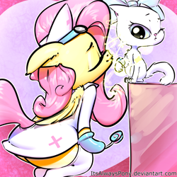 Size: 3000x3000 | Tagged: safe, artist:itsalwayspony, fluttershy, opalescence, cat, pegasus, pony, adorasexy, candy, cute, eyes closed, flutternurse, food, gloves, hoof gloves, kissing, lollipop, nurse, nurse outfit, one eye closed, rubber gloves, sexy, shyabetes