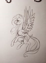 Size: 3104x4192 | Tagged: safe, artist:skrapbox, fluttershy, pegasus, pony, female, flying, grayscale, looking away, looking up, mare, monochrome, pencil drawing, profile, simple background, sketch, solo, spread wings, traditional art, white background, wings