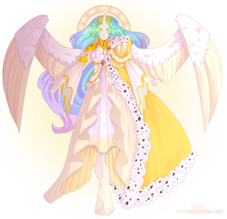 Size: 1914x1842 | Tagged: safe, artist:artistgenepal, princess celestia, human, barefoot, cape, clothes, feet, female, glowing eyes, horn, horned humanization, humanized, simple background, solo, transparent background, winged humanization, wings