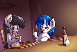 Size: 1200x801 | Tagged: safe, artist:tadashi--kun, dj pon-3, octavia melody, vinyl scratch, earth pony, pony, belly button, ghost pepper, hot pepper, hot sauce, pizza, prank, this will end in heartburn, this will end in pain, this will end in tears
