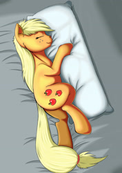 Size: 2480x3507 | Tagged: safe, artist:exelzior, applejack, earth pony, pony, abstract background, bed, hug, pillow, sleeping, solo