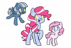 Size: 3000x2000 | Tagged: safe, artist:kianamai, oc, oc only, oc:cloudy skies, oc:cotton candy, oc:sugar rush, earth pony, pegasus, pony, unicorn, flying, happy, kilalaverse, next generation, offspring, open mouth, parent:pinkie pie, parent:pokey pierce, parents:pokeypie, raised hoof, siblings, simple background, sisters, smiling, spread wings, standing, white background