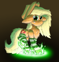 Size: 4677x4954 | Tagged: safe, artist:firefanatic, applejack, earth pony, pony, :t, absurd resolution, chest fluff, clothes, ear fluff, female, fire, floppy ears, fluffy, glow, gradient background, loose hair, mare, raised hoof, raised leg, shoulder fluff, socks, solo, striped socks