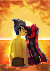 Size: 1600x2263 | Tagged: safe, artist:jotakaanimation, flash sentry, twilight sparkle, human, equestria girls, alternate hairstyle, anime, beach, bikini, clothes, female, flashlight, kissing, male, manga, midriff, shipping, sitting, speedo, straight, sunset, swimsuit