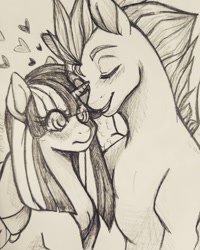 Size: 1024x1280 | Tagged: safe, artist:cabbage-arts, flash sentry, twilight sparkle, pony, cute, embrace, female, flashlight, male, monochrome, nuzzling, shipping, sketch, straight