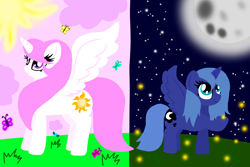 Size: 1500x1000 | Tagged: safe, artist:katya, princess celestia, princess luna, alicorn, pony, cloud, female, filly, full moon, moon, pink-mane celestia, sun, young, younger