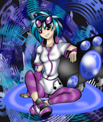 Size: 1615x1919 | Tagged: safe, artist:fourze-pony, dj pon-3, vinyl scratch, human, bass cannon, clothes, humanized, solo, sunglasses