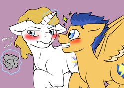 Size: 1414x1000 | Tagged: safe, artist:jolliapplegirl, flash sentry, prince blueblood, pegasus, pony, unicorn, bluesentry, blushing, duo, gay, male, next generation, shipping, stallion, story included