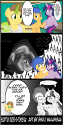 Size: 1682x3319 | Tagged: safe, artist:shujiwakahisaa, doctor horse, doctor stable, flash sentry, twilight sparkle, twilight sparkle (alicorn), alicorn, alien, pony, comic:the magic of pregnancy, alien (franchise), chestburster, comic, female, flashlight, magic, male, pointy ponies, pregnant, shipping, straight, ultrasound, xenomorph