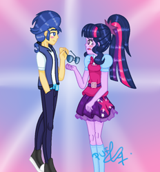 Size: 858x924 | Tagged: safe, artist:pufuletika-mlp, flash sentry, sci-twi, twilight sparkle, equestria girls, alternate hairstyle, clothes, couple, female, flashlight, hairdresser, hairstyle, love, male, outfit, romance, sciflash, shipping, straight