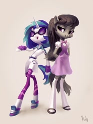 Size: 766x1024 | Tagged: safe, artist:holivi, dj pon-3, octavia melody, vinyl scratch, anthro, semi-anthro, equestria girls outfit