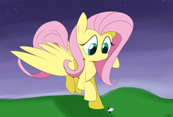 Size: 3496x2362 | Tagged: safe, artist:taurson, fluttershy, oc, breezie, pegasus, pony, female, grass, looking at something, looking down, mare, night, size difference, spread wings, wings