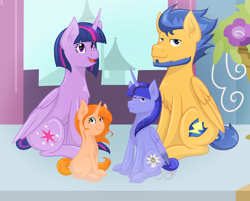 Size: 1280x1031 | Tagged: safe, artist:felicity-star, flash sentry, twilight sparkle, oc, oc:amber aurora, oc:comet dust, alicorn, pegasus, pony, unicorn, alicorn oc, alternate hairstyle, beard, facial hair, family, female, flashlight, heterochromia, male, offspring, parent:flash sentry, parent:twilight sparkle, parents:flashlight, shipping, short hair, straight