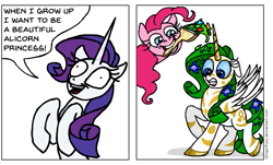 Size: 629x379 | Tagged: safe, artist:gingerfoxy, edit, pinkie pie, rarity, alicorn, pony, pony comic generator, alicornified, comic, crossover, female, mare, neopets, paintbrush, race swap, raricorn, simple background, white background