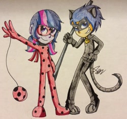 Size: 2605x2445 | Tagged: safe, artist:imtailsthefoxfan, flash sentry, twilight sparkle, ladybug, equestria girls, adrien agreste, bo staff, chat noir, clothes, costume, crossover, female, flashlight, ladynoir, male, marinette dupain-cheng, mask, miraculous ladybug, outfit, shipping, staff, straight, traditional art, yo-yo