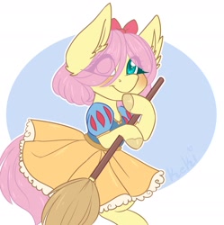 Size: 1776x1782 | Tagged: safe, artist:little-keki, fluttershy, pegasus, pony, alternate hairstyle, bow, broom, clothes, cosplay, costume, disney, dress, eye clipping through hair, hair bow, hair over one eye, holding, hoof on chin, looking away, looking up, smiling, snow white, solo