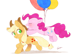 Size: 1000x769 | Tagged: safe, artist:sion, applejack, pinkie pie, earth pony, pony, balloon, blushing, duo, eyes closed, floating, floppy ears, happy, looking back, open mouth, simple background, smiling, then watch her balloons lift her up to the sky, white background