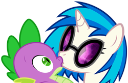 Size: 1081x706 | Tagged: safe, artist:sulyo, dj pon-3, spike, vinyl scratch, dragon, pony, unicorn, hundreds of users filter this tag, kissing, love, shipping, vinylspike