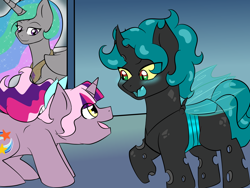 Size: 3200x2400 | Tagged: safe, artist:jolliapplegirl, princess celestia, oc, oc:sirius veil, oc:toxic love, alicorn, changeling, earth pony, hybrid, pony, unicorn, blue changeling, colt, foal, magical lesbian spawn, male, next generation, offspring, parent:mane-iac, parent:princess celestia, parent:queen chrysalis, parent:twilight sparkle, parents:chrysiac, parents:twilestia