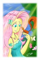 Size: 1024x1536 | Tagged: safe, artist:albertbm, fluttershy, butterfly, human, squirrel, better together, equestria girls, eyeshadow, female, magical geodes, makeup, solo