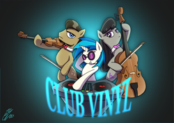 Size: 2046x1447 | Tagged: safe, artist:lovelyneckbeard, concerto, dj pon-3, octavia melody, vinyl scratch, earth pony, pony, bipedal, bow (instrument), cello, cello bow, commission, musical instrument, sunglasses, turntable, violin, violin bow