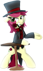 Size: 887x1479 | Tagged: dead source, safe, artist:choop, roseluck, pony, bipedal, clothes, flower, flower in mouth, hat, mouth hold, rose, simple background, solo, table, top hat, white background