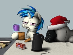 Size: 4000x3000 | Tagged: safe, artist:neitronik, dj pon-3, octavia melody, vinyl scratch, earth pony, pony, unicorn, absurd resolution, coffee, cookie jar, crumbs, dishes, drool, eating, eyes closed, glowing horn, hat, kettle, kitchen, magic, russian, santa hat, sink, sleeping, telekinesis, tired