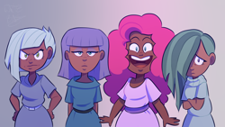 Size: 1366x768 | Tagged: safe, artist:whitebag, limestone pie, marble pie, maud pie, pinkie pie, human, angry, crossed arms, dark skin, female, gradient background, hand on hip, happy, humanized, looking at you, open mouth, pie sisters, racism in the comments, shy, siblings, sisters, smiling