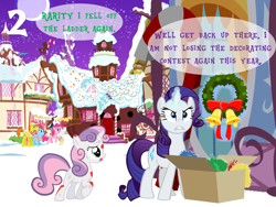 Size: 1024x768 | Tagged: safe, artist:bronybyexception, carrot cake, cup cake, pinkie pie, pound cake, pumpkin cake, rarity, sweetie belle, pony, unicorn, abuse, advent calendar, blood, cake family, carousel boutique, child neglect, christmas, decorating, female, filly, hearth's warming eve, holiday, injured, jealous, male, mare, noodle incident, raribitch, snow, stallion, sugarcube corner, sweetiebuse