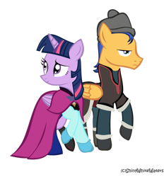 Size: 1024x1104 | Tagged: safe, artist:sketch-shepherd, flash sentry, twilight sparkle, twilight sparkle (alicorn), alicorn, pegasus, pony, anna, clothes, couple, crossover, female, flash sentry is not amused, flashlight, frozen (movie), kristoff, male, mare, shipping, simple background, stallion, straight, transparent background, unamused