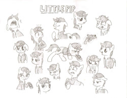 Size: 1016x786 | Tagged: safe, artist:teschke, oc, oc only, oc:littlepip, pony, unicorn, fallout equestria, black and white, blushing, clothes, cutie mark, expressions, eyes closed, fanfic, fanfic art, female, floppy ears, glowing horn, grayscale, gun, handgun, hooves, horn, levitation, little macintosh, magic, mare, monochrome, open mouth, optical sight, pipbuck, revolver, simple background, smiling, solo, teeth, telekinesis, text, vault suit, weapon, white background