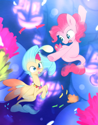 Size: 1633x2093 | Tagged: safe, artist:akainu_pony, pinkie pie, princess skystar, seapony (g4), my little pony: the movie, duo, female, fins, fish tail, freckles, jewelry, necklace, open mouth, seaponified, seapony pinkie pie, seaquestria, species swap, underwater, water