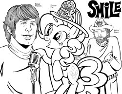 Size: 3300x2550 | Tagged: safe, artist:tygerbug, pinkie pie, human, pony, brian wilson, coloring book, coloring page, firefighter helmet, firefighter pinkie pie, hat, microphone, mike love, monochrome, music, musician, shrug, singing, smile song, the beach boys