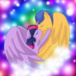 Size: 1700x1697 | Tagged: safe, artist:heroheart001, flash sentry, twilight sparkle, twilight sparkle (alicorn), alicorn, pegasus, pony, eyes closed, female, flashlight, hug, kissing, male, mare, shipping, stallion, straight