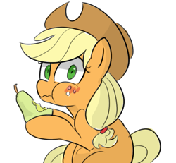 Size: 705x651 | Tagged: safe, artist:lance, applejack, earth pony, pony, blasphemy, blushing, caught, dishonorapple, eating, female, food, freckles, fruit heresy, hat, hilarious in hindsight, hoof hold, looking at you, mare, pear, pearesy, simple background, sitting, solo, white background