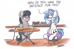 Size: 1930x1286 | Tagged: safe, artist:bobthedalek, dj pon-3, octavia melody, vinyl scratch, earth pony, pony, unicorn, duo, ironing, octavia is not amused, sitting, stool, unamused, vinyl is not amused