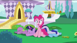 Size: 850x478 | Tagged: safe, derpibooru import, screencap, minuette, pinkie pie, spike, twilight sparkle, twilight sparkle (alicorn), alicorn, dragon, earth pony, pony, unicorn, amending fences, :o, animated, canterlot, eyes closed, faceplant, female, flying, frown, gif, male, mare, open mouth, pinkie being pinkie, pinkie physics, pinkiecopter, prone, smiling, tailcopter, talking, wat, wide eyes