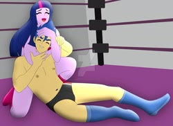 Size: 1600x1163 | Tagged: safe, artist:supermaxx92, flash sentry, twilight sparkle, equestria girls, bikini, clothes, female, flashlight, male, shipping, speedo, straight, swimsuit, watermark, wrestler, wrestling, wrestling ring