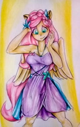 Size: 2068x3264 | Tagged: safe, artist:nolyanimeid, fluttershy, better together, equestria girls, forgotten friendship, clothes, dress, female, ponied up, scene interpretation, smiling, solo, traditional art