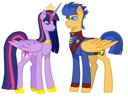 Size: 1160x884 | Tagged: safe, artist:lightningarrowpl, flash sentry, twilight sparkle, twilight sparkle (alicorn), alicorn, pegasus, pony, couple, crown, female, flashlight, jewelry, male, outfit, regalia, shipping, simple background, straight, white background